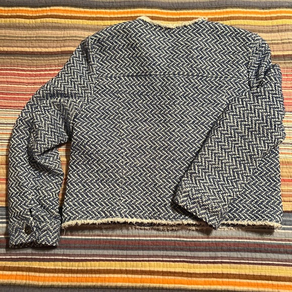 Banana Republic Blue White Herringbone Tweed Fringe Collarless Jacket Size L - Picture 8 of 8